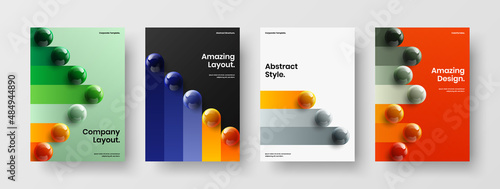 Vivid booklet vector design template set. Premium realistic balls handbill concept composition.