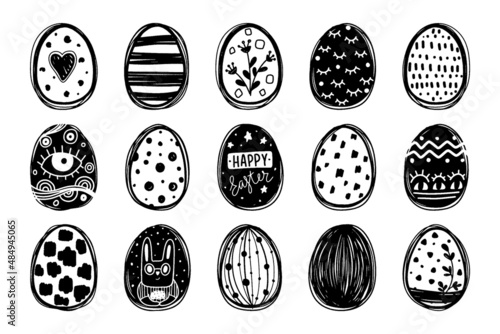 Hand drawn black and white eggs set isolated on white background.  Happy Easter vector illustration. Creative abstract drawings on Easter eggs. Сan be used as graphic elements for your design 
