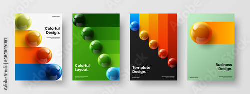 Premium handbill A4 vector design template collection. Trendy 3D spheres corporate identity illustration set.