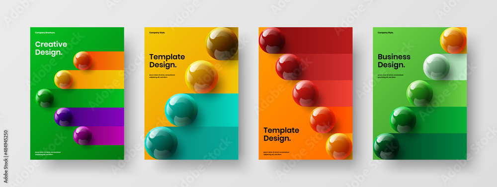 Isolated presentation A4 vector design template set. Colorful realistic balls magazine cover illustration bundle.