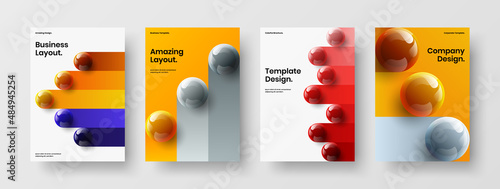 Clean realistic spheres annual report illustration collection. Premium brochure design vector layout set.