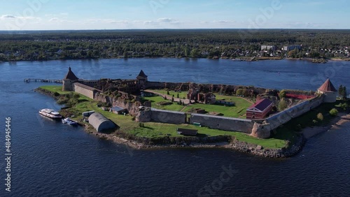 Russia. Leningrad region. September 10, 2021. View of the Oreshek fortress near the city of Shlisselburg in sunny weather from a bird's-eye view.