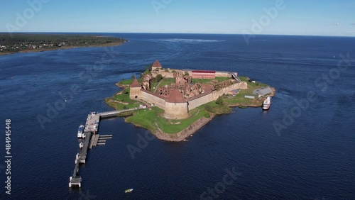 Russia. Leningrad region. September 10, 2021. View of the Oreshek fortress near the city of Shlisselburg in sunny weather from a bird's-eye view.