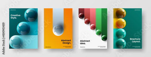 Minimalistic realistic spheres poster template collection. Colorful brochure A4 design vector illustration composition.