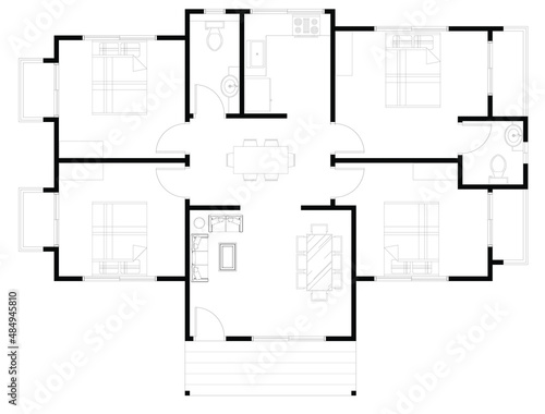 House layout plan with 4 bedrooms and 2 bathrooms with basic furniture. Each room has its own balcony. 2D CAD drawings and in black and white. 