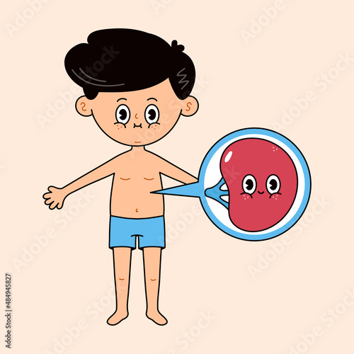Man with spleen icon in a bubble. Vector hand drawn doodle style traditional cartoon vintage, retro character illustration icon design. Cute boy and spleen mascot character
