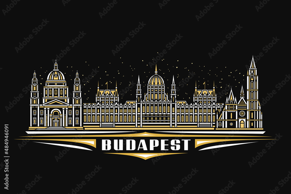 Obraz premium Vector illustration of Budapest, dark horizontal poster with linear design famous budapest city scape on dusk starry sky background, urban line art concept with decorative lettering for word budapest