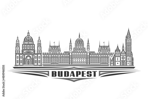 Vector illustration of Budapest, monochrome horizontal poster with linear design famous budapest city scape, urban line art concept with decorative letters for black word budapest on white background photo