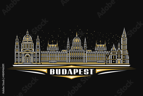 Vector illustration of Budapest, dark horizontal poster with linear design famous budapest city scape on dusk starry sky background, urban line art concept with decorative lettering for word budapest photo