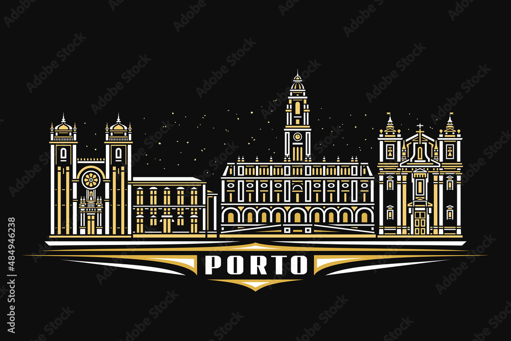 Vector illustration of Porto, dark horizontal poster with linear design