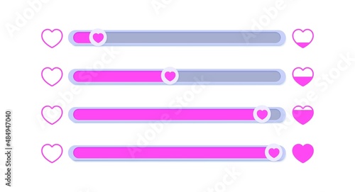 A set of sliders for determining the level of approval. Collection of movable buttons with pink hearts, appreciating lively like. Element template for head on social media, mobile app, feedback swipe