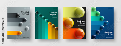 Geometric booklet A4 vector design illustration collection. Trendy realistic spheres presentation template bundle.