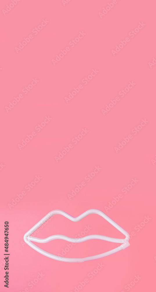 Banner with lips on pink background. Valentines day concept. Silver lips contour. High quality photo