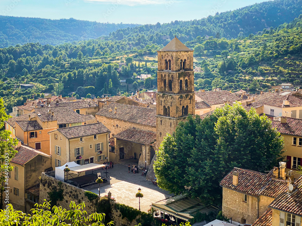 Village of Moustiers Sainte Marie in Provence, France with a view on the bell tower of the Notre-Dame-de-l'Assomption church