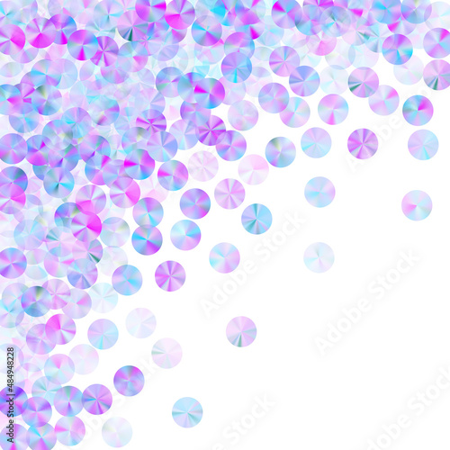Iridescent sequins confetti placer vector illustration. Festive flickering bead elements holiday decoration top view. Birthday confetti scatter shiny background.