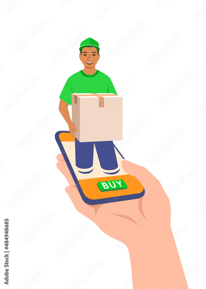 Express delivery concept. Customer makes an order online using smartphone app and gets it fast. Young friendly delivery boy gives a package to buyer. Online shopping. Flat vector illustration Express delivery concept. Customer makes an order online using smartphone app and gets it fast. Young friendly delivery boy gives a package to buyer. Online shopping. Flat vector illustration