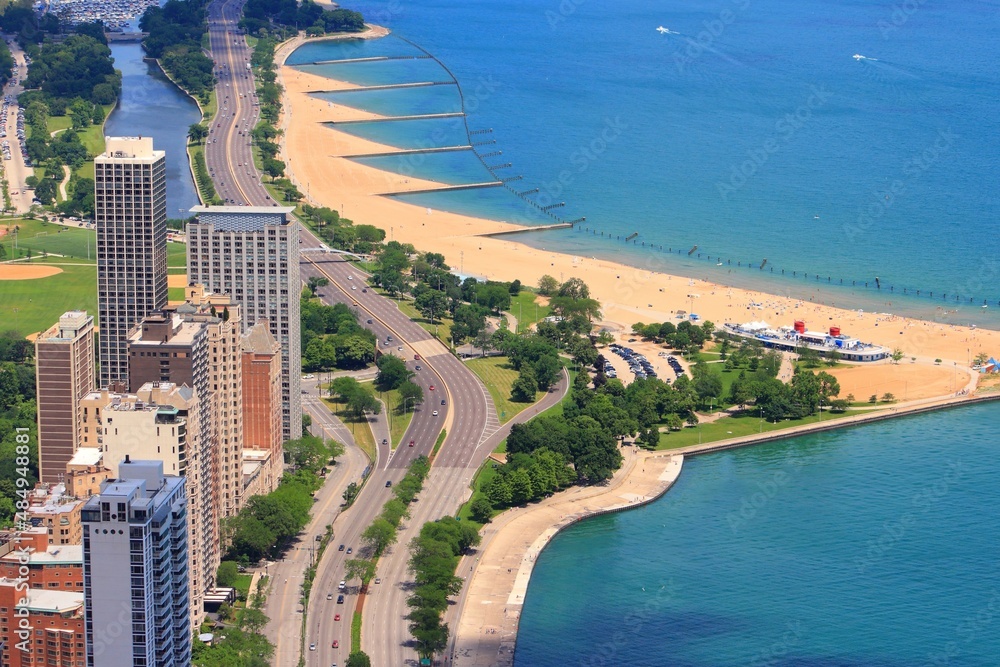Chicago city aerial view with Gold Coast. North Avenue Beach.