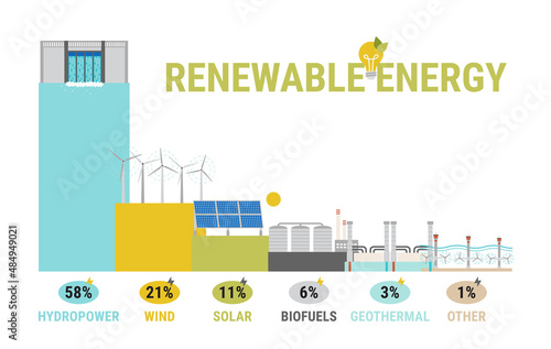 Infographic of energy consumption by green source types. Renewable and sustainable energy sources like hydropower, solar, wind, biofuel, geothermal. Electricity generation flat vector.
