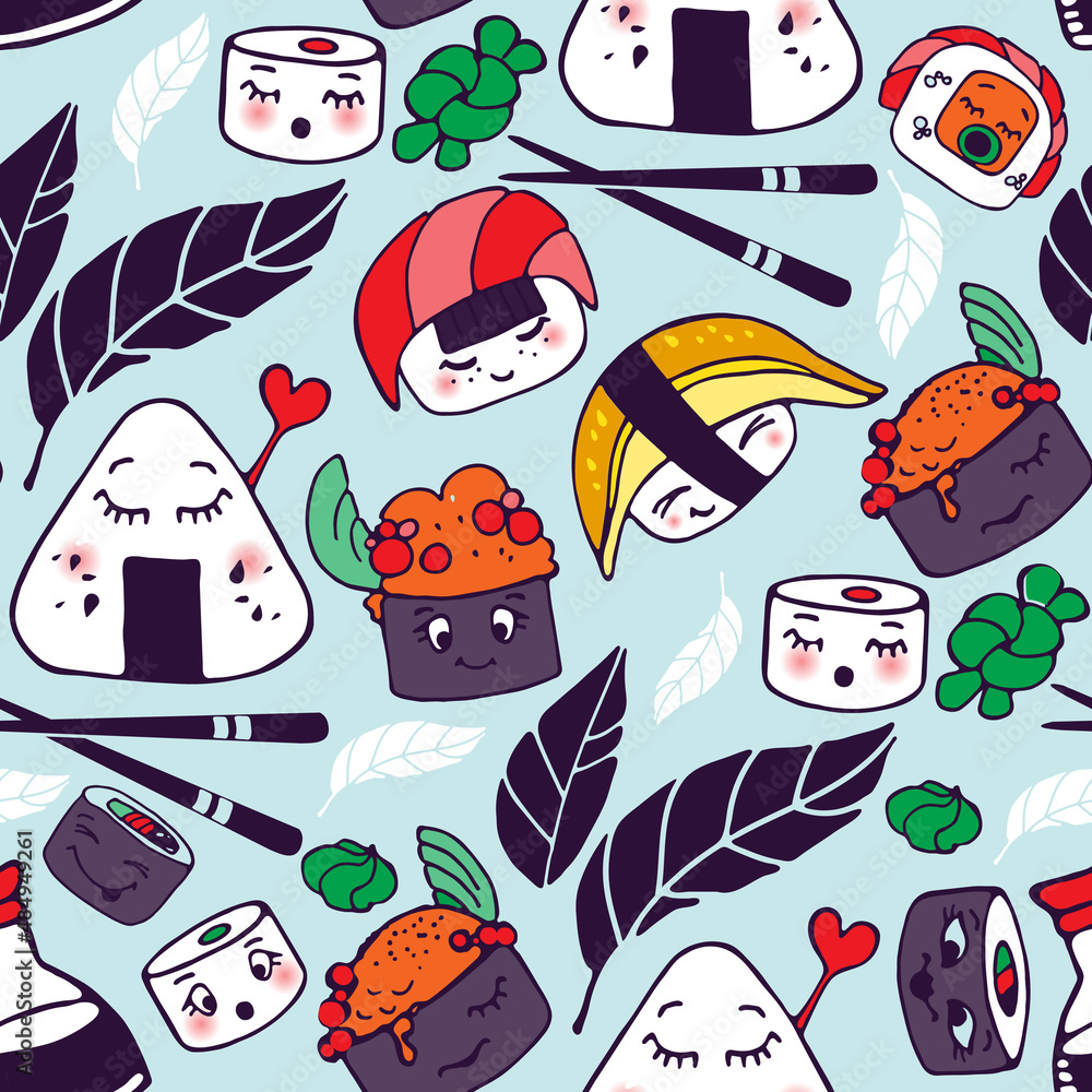 Fototapeta premium Cute kawaii Sushi, rolls, nigiri. Vector set. Japanese food with emotions, cartoon style. Fashion illustration. All elements are isolated. Colored vector seamless pattern. Blue background