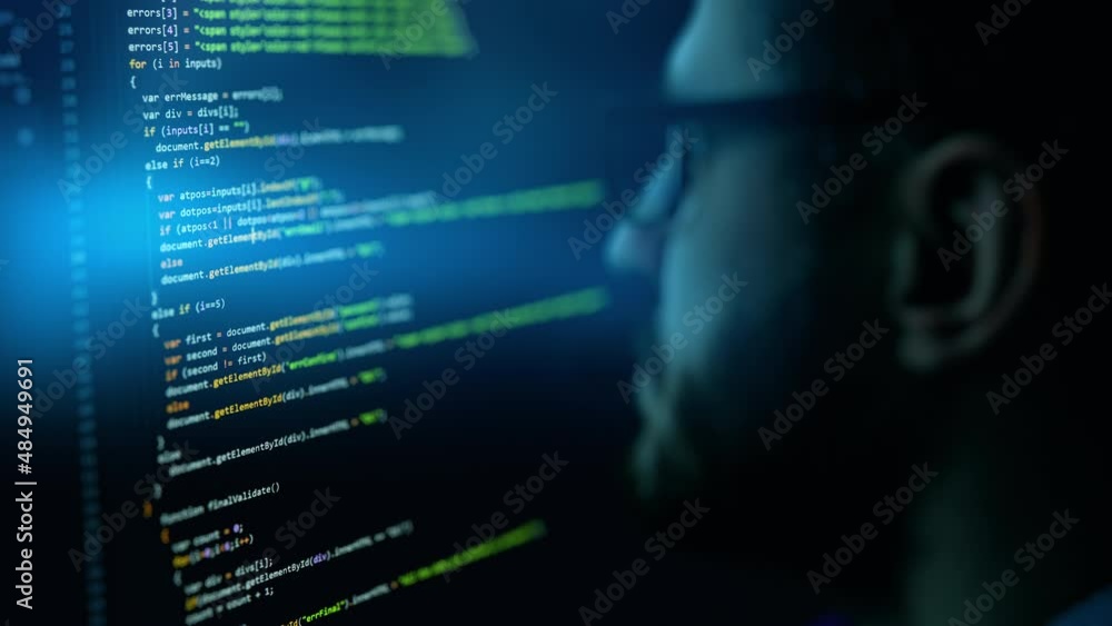 Software online network developer. Senior coder programming. Soft and blockchain app coding. IT programmer working on desktop computer