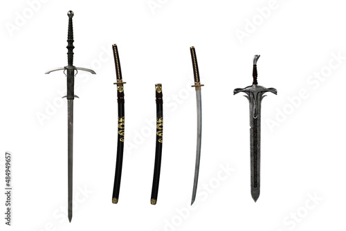 Japanese Katana sword with scabbard and 2 other fantasy swords. 3D rendering isolated on white background.