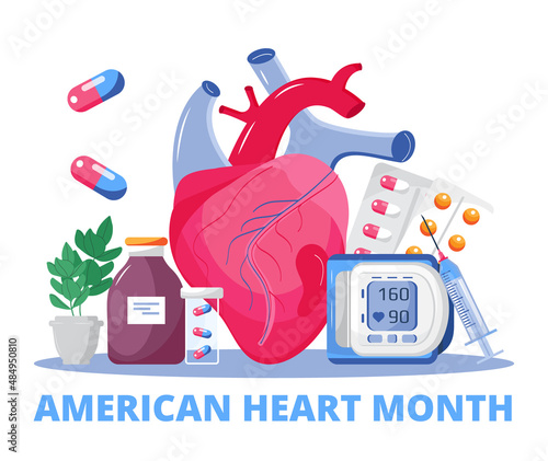 American Heart Month concept vector. Heart disease concept with cardiologist, EKG, cardiogram. Medical template of hypotension
