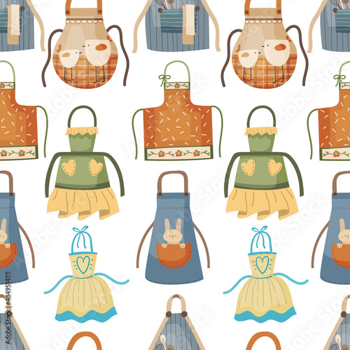Flat seamless pattern of cooking aprons in cartoon, hand-drawn style.