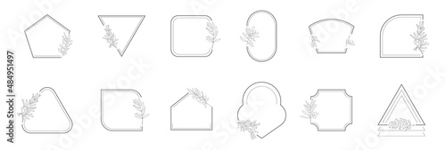 Line geometric frame with olive branch vector set in minimalistic style. Bohemian, abstract, linear frames.