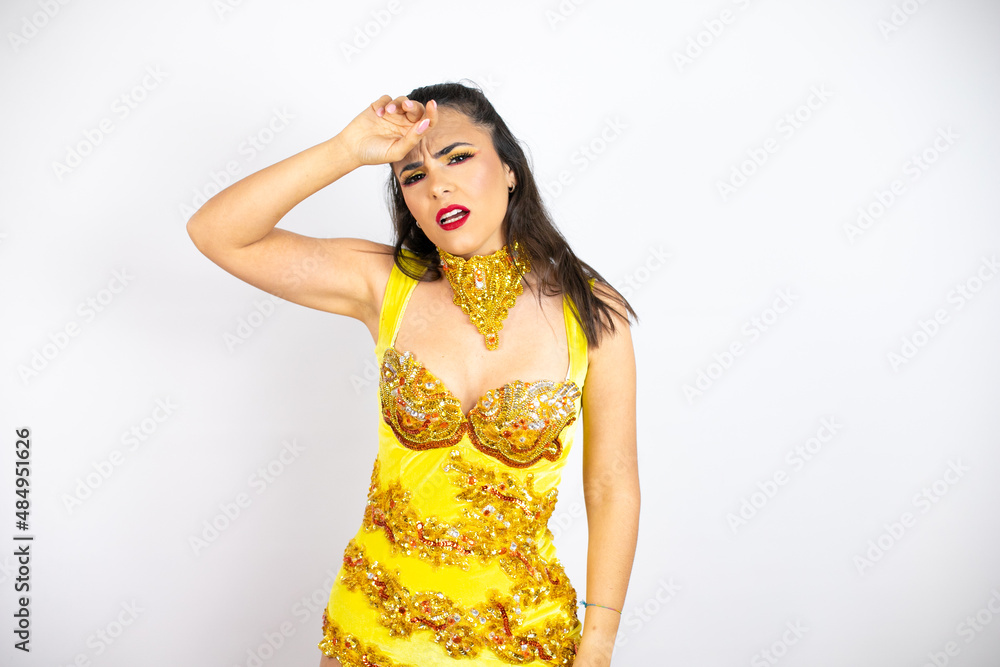 Young beautiful woman wearing carnival costume over isolated white background Touching forehead for illness and fever, flu and cold, virus sick Young beautiful woman wearing carnival costume over isolated white background Touching forehead for illness and fever, flu and cold, virus sick