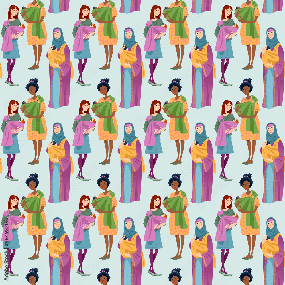 Three multiracial women with newborn babys in Slings. Happy Mother’s Day.  Seamless background pattern.