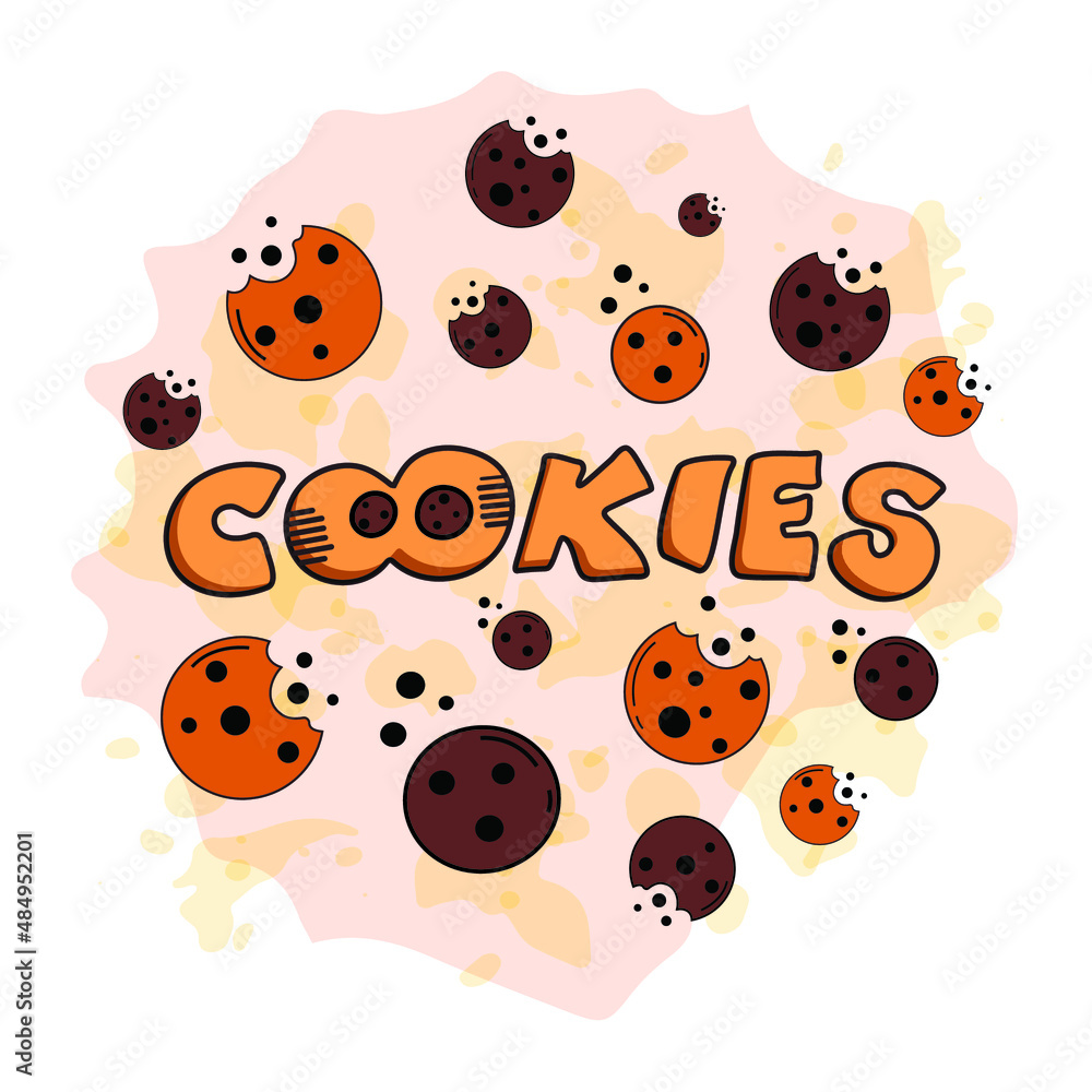 Cookies hand-lettering logo, digital vector illustration of brown cookies with chocolate balls on the watercolor spot. The illustration is for the cookie packaging banner cards poster. Dessert. 