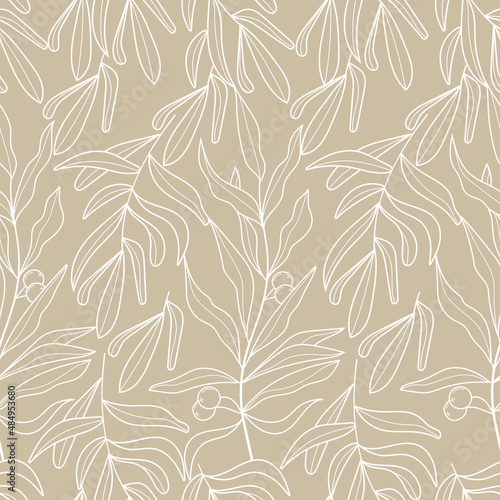 Olive branch wallpaper vector. Boho, abstract seamless pattern. Floral, line, botanical fabric illustration