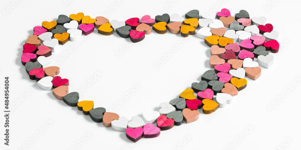 Valentine's Day background. Hearts on white background. Valentine day concept. Flat lay, top view, copy space Valentine's Day background. Hearts on white background. Valentine day concept. Flat lay, top view, copy space