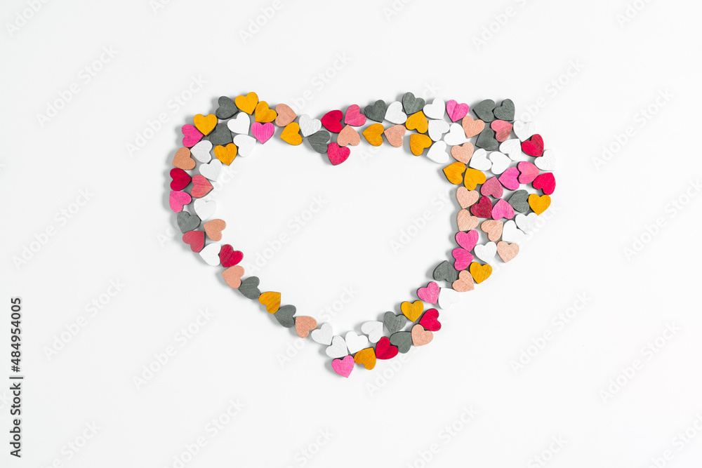 Valentine's Day background. Hearts on white background. Valentine day concept. Flat lay, top view, copy space Valentine's Day background. Hearts on white background. Valentine day concept. Flat lay, top view, copy space