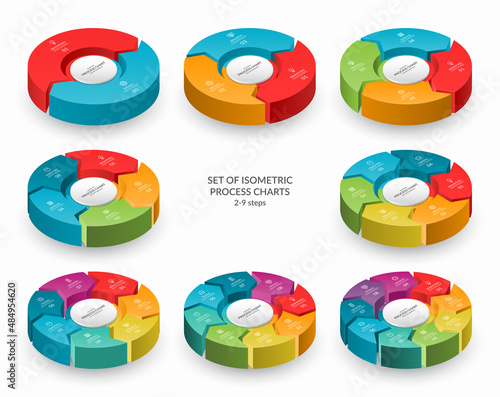 Set of infographic isometric 3d process charts. Cycle diagrams with 2, 3, 4, 5, 6, 7, 8, 9 stages, options, parts