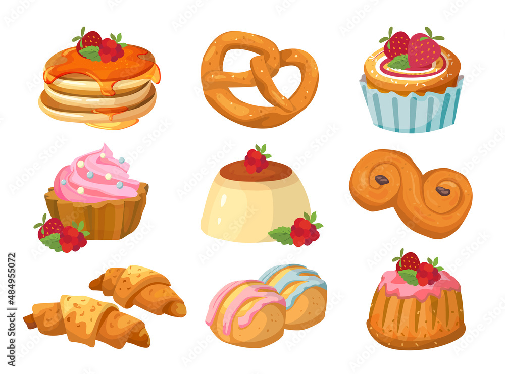 Set of sweet baked goods. Flat style illustration of bakery and confectionery products. Vector illustration of buns, croissant, pretzel, pancake, muffin, panna cotta, pudding, lussecutter. Set of sweet baked goods. Flat style illustration of bakery and confectionery products. Vector illustration of buns, croissant, pretzel, pancake, muffin, panna cotta, pudding, lussecutter.