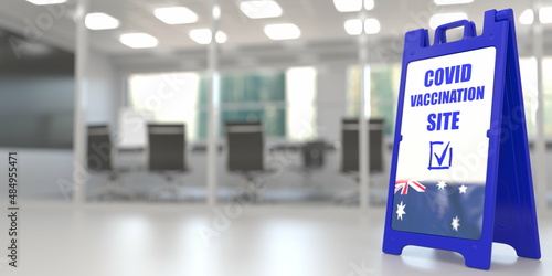 Coronavirus vaccination site signboard with flag of Australia. COVID-19 vaccination related 3D rendering