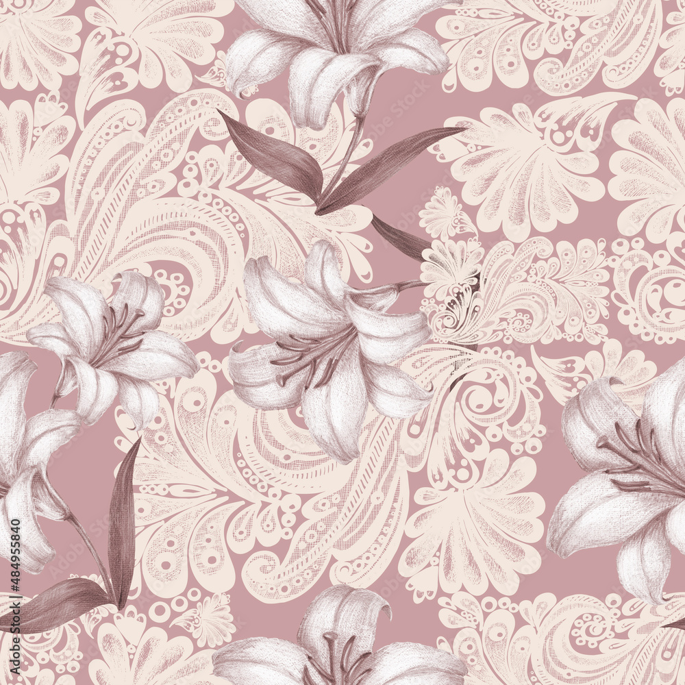Seamless pattern with a pink openwork and watercolor flowers lily on pink background.