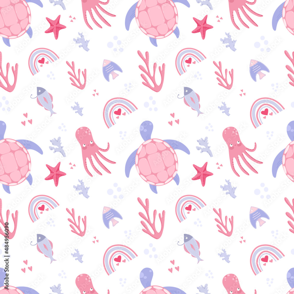 Vector hand-drawn colored childish simple seamless pattern with whales in flat style. Cute baby animals. Pattern for kids with whales. Sea. Ocean.
