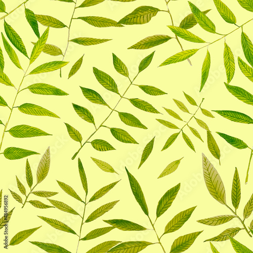 Seamless pattern of hand-drawn green leaves. watercolor