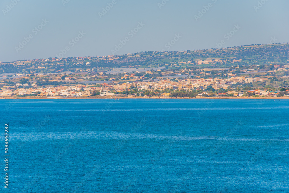 View of Donnalucata and the Mediterranean Sea from Cava d'Aliga, Scicli, Ragusa, Sicily, Italy, Europe