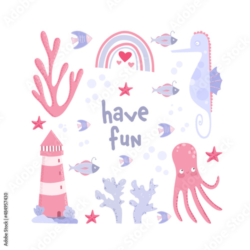 Vector hand-drawn colored childish simple flat postcard with whales in flat style. Cute baby animals. Pattern for kids with whales. Sea. Ocean.