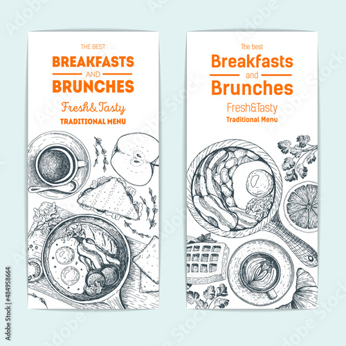 Breakfast and brunches vintage design template. Vertical banners set. Vector illustration hand drawn, linear art. Hand drawn sketch flyers. Food menu design. Engraved image.