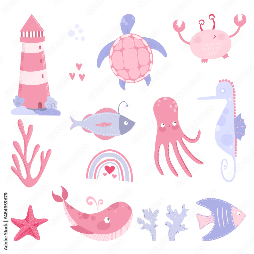 Vector set of animals and elements.
Hand-drawn colored children’s set with cute-style water inhabitants on a white background. Cute baby animals. Whale, crab, turtle, octopus, turtle, coral Vector set of animals and elements.
Hand-drawn colored children’s set with cute-style water inhabitants on a white background. Cute baby animals. Whale, crab, turtle, octopus, turtle, coral