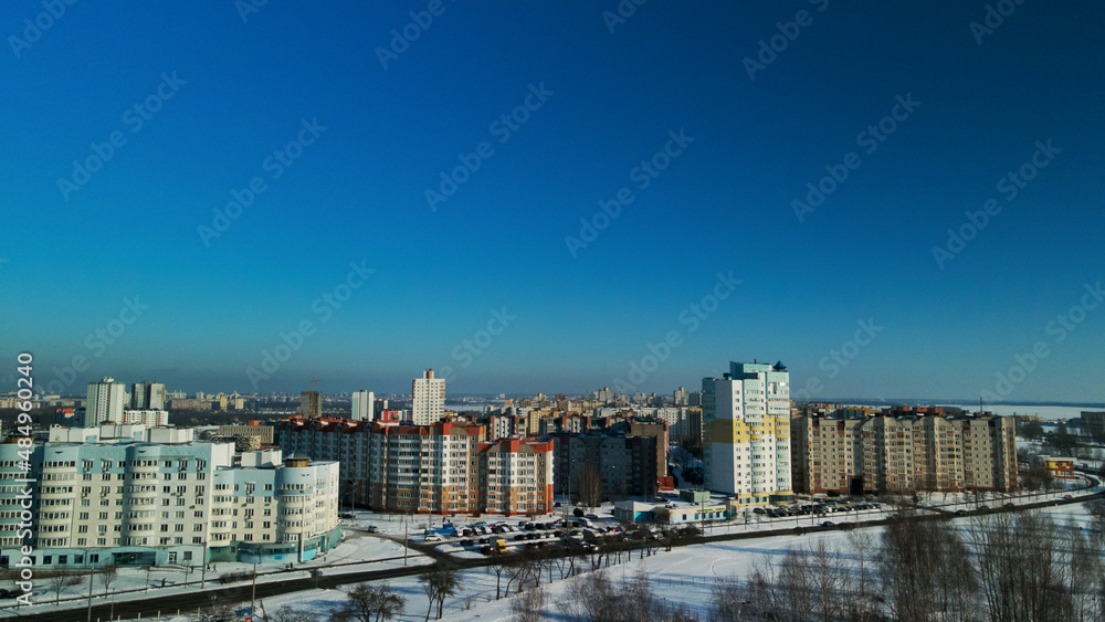 City block. Modern multi-storey buildings. Winter cityscape. Aerial photography. City block. Modern multi-storey buildings. Winter cityscape. Aerial photography.