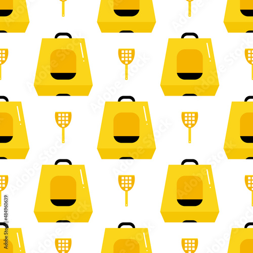 Cute cartoon style cat hooded litter box with plastic shovel seamless pattern background for pet care design.
