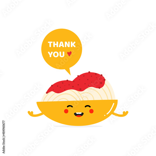 Cute happy spaghetti dish with tomato sauce character with speech bubble saying thank you, showing appreciation.