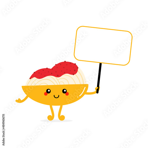 Cute smiling spaghetti dish with tomato sauce character holding empty sign, card, banner in hand.
