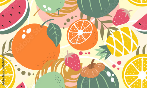 Fototapeta Naklejka Na Ścianę i Meble -  seamless pattern  fruits, Orange, coconut, Watermelon, Pomelo, Strawberry, Pineapple, Lemon and leaf 