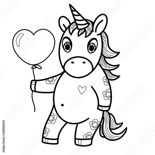 Cartoon character  cute unicorn with a heart and a balloon  monochrome illustration